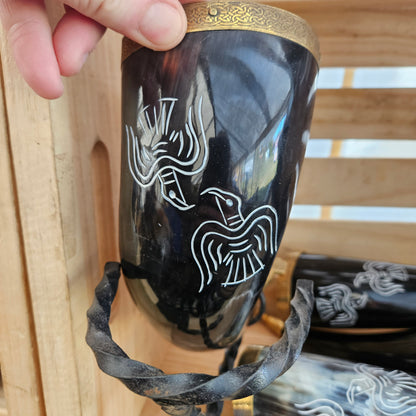 Drinking Horn with Raven Engraving and Brass Rim