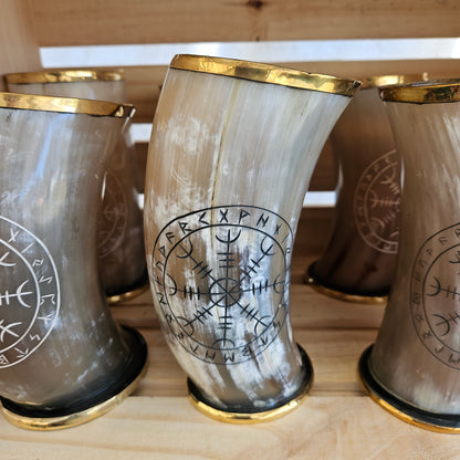 Drinking Horn Cup with Helm of Awe, Ægishjálmr Engraving with Brass Rim