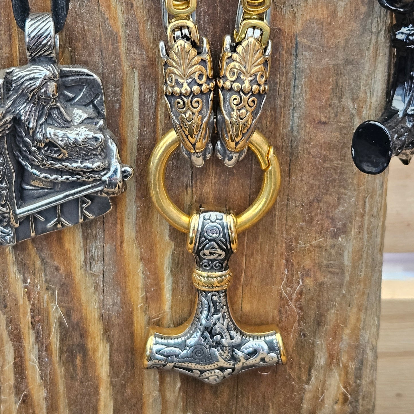 Gold- Accented Mjolnir with Wolf Heads