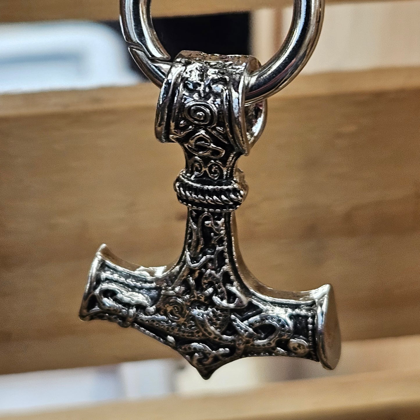 Mjolnir with Wolf Heads and Stainless Steel Finish