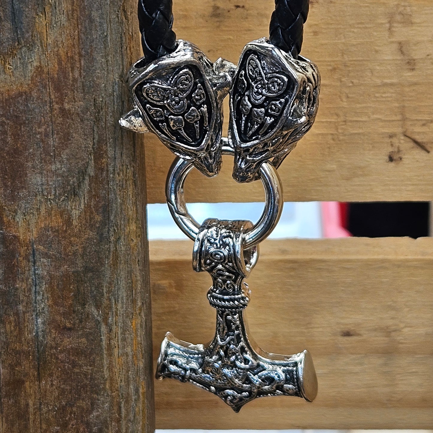 Mjolnir with Wolf Heads and Stainless Steel Finish