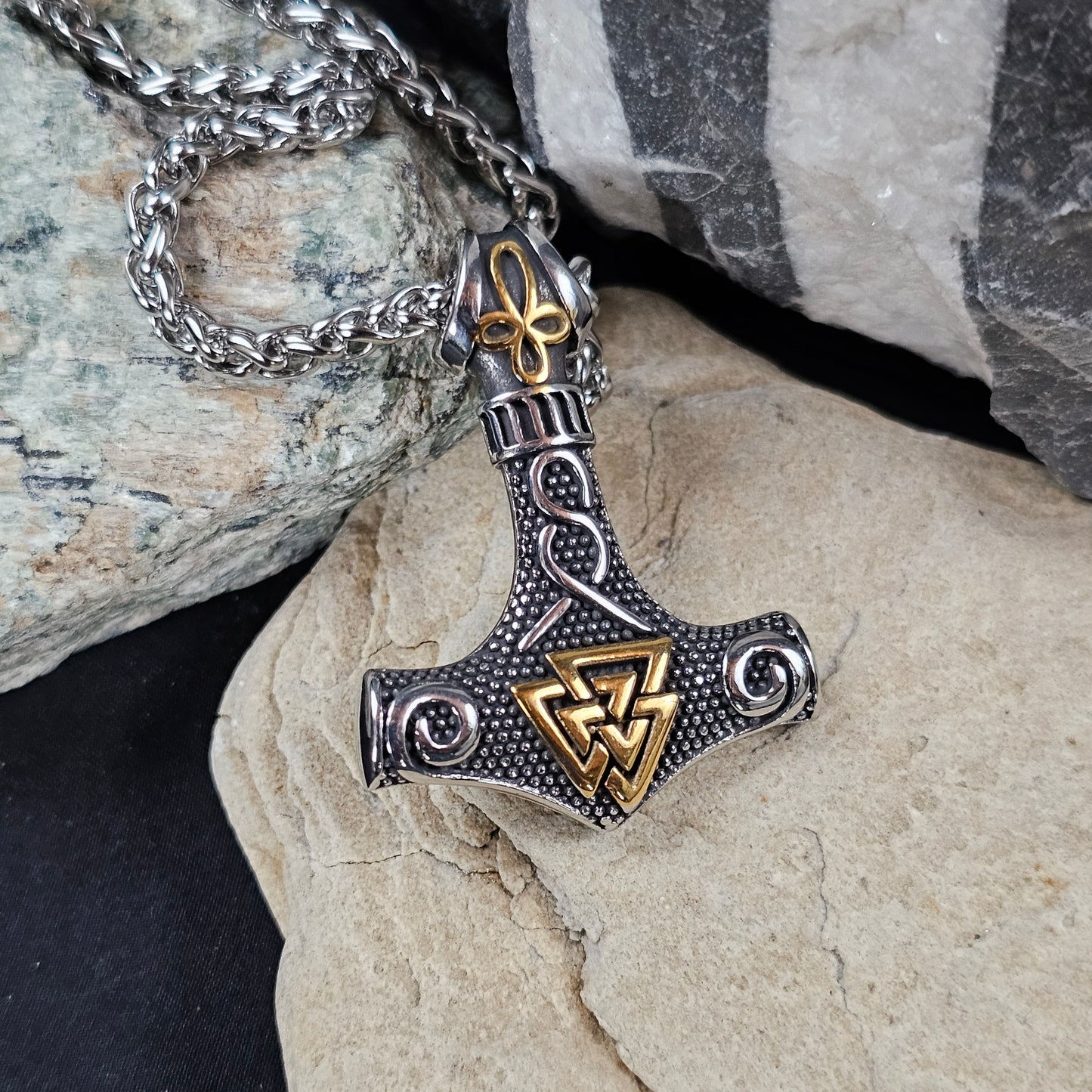 Mjolnir with Celtic Cross and Valknut Necklace